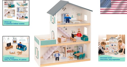 Deluxe Dollhouse for Kids with Realistic Furniture, 4 Family Dolls Included - Picture 2 of 10