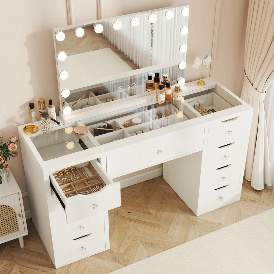 WHITE GLASS TOP VANITY DRESSER TABLE WITH LED MIRROR WITH 9 DRAWERS KL-DS12N - image 3 of 4
