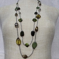 Multi Strand Beaded Necklace Earth Tones Green Brown Silver Tone Accent Stones