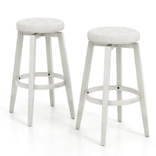 30" Swivel Bar Stool Set of 2 w/ Rubber Wood Frame & Tufted Seat Footrest Beige