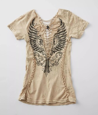 Women's Affliction Nicolette Sand Lava Wash Rhinestone Angel T-Shirt Top XS-XL