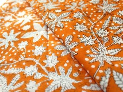 Indian Orange Floral Cotton Dressmaking Sewing Hand Block Cotton Fabric 5 Yards