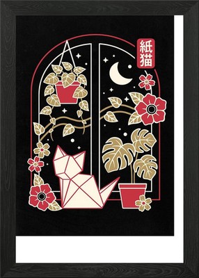 Origami Katze Fenster Kunst Gerahmtes Wandbild Poster Druck Bild