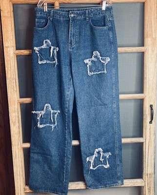 SHEIN Women s Blue Distressed Ripped Jeans XL Wide Leg Patchwork Stars 34x32...