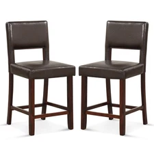 Set of 2 Upholstered PVC Leather Bar Stools 24.5" Dining Chairs w/ Back Brown