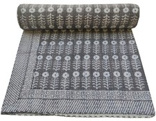 Handmade Kantha Quilt Hand Block Floral Print Bedspread Boho Throw King Gray