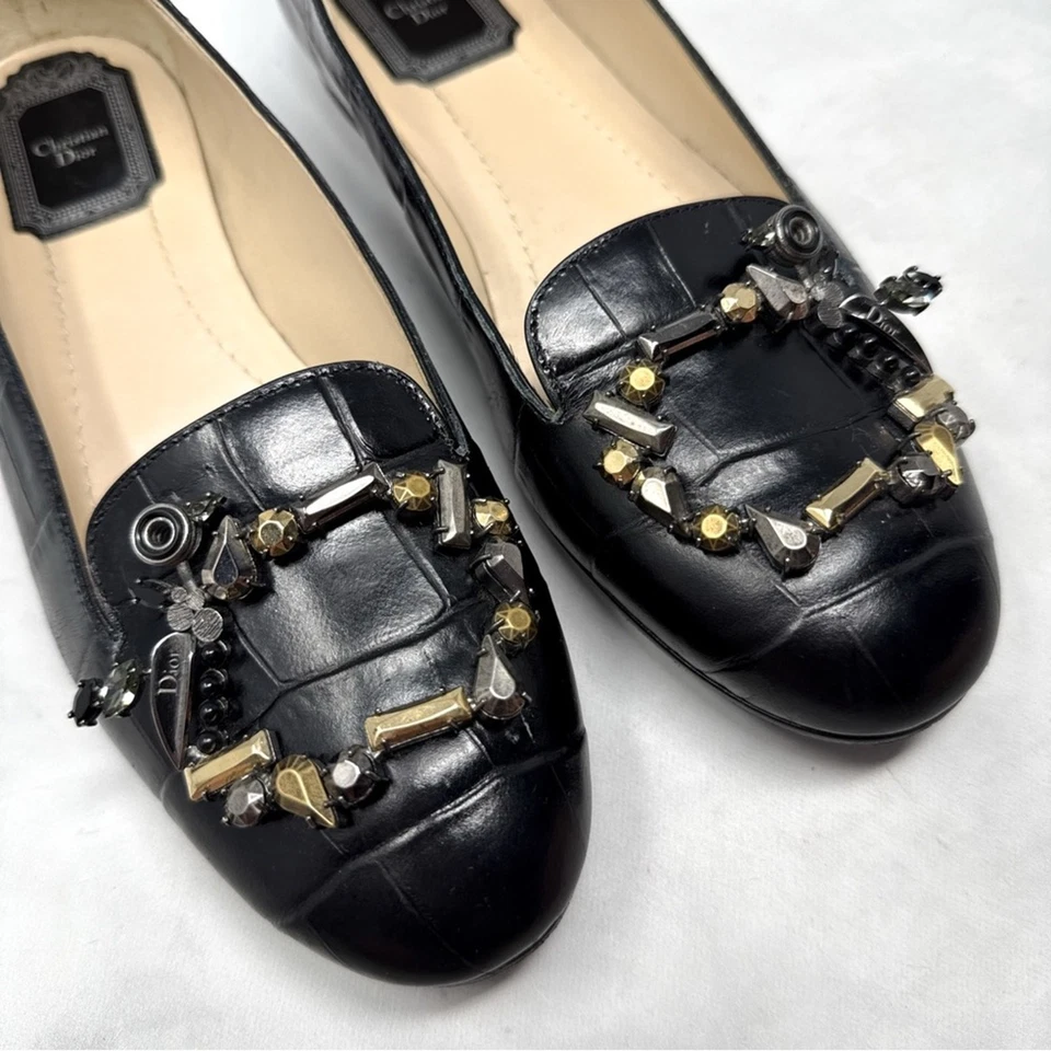 Mocassim Christian Dior Cofre Cristal Croc Couro Enfeitado Preto - Imagem 2 de 4