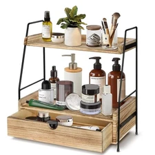 2 Tier Bathroom Organizer Countertop with Drawer Wood for Kitchen Shlef