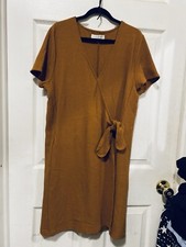 NWOT MADEWELL Cross-Front Flutter-Sleeve Mini Dress in Tan Sz Large.