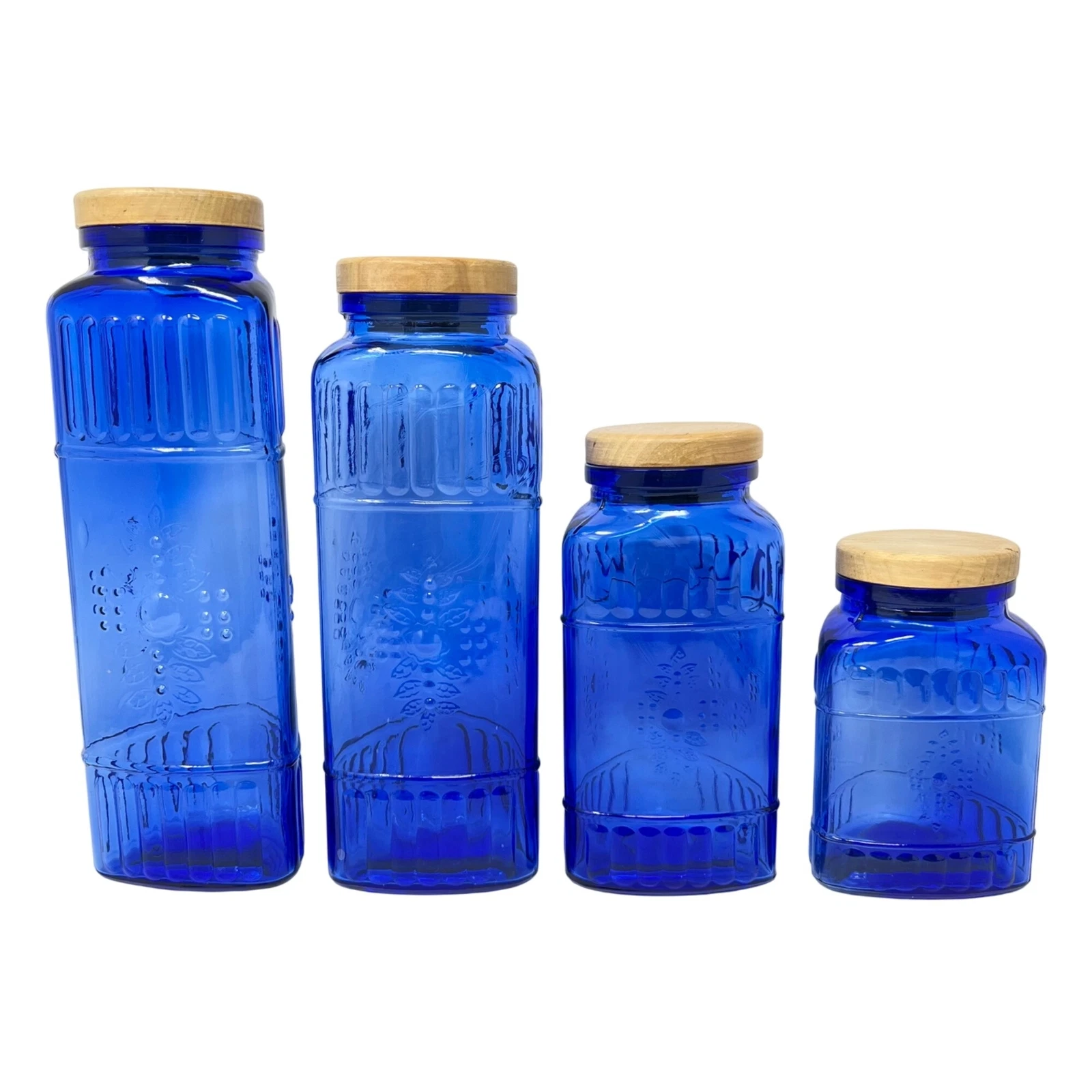 Canister Glass Jar Set of 4 Graduated Triangle Cobalt Blue Wood Lid 6" 8" 11" 1