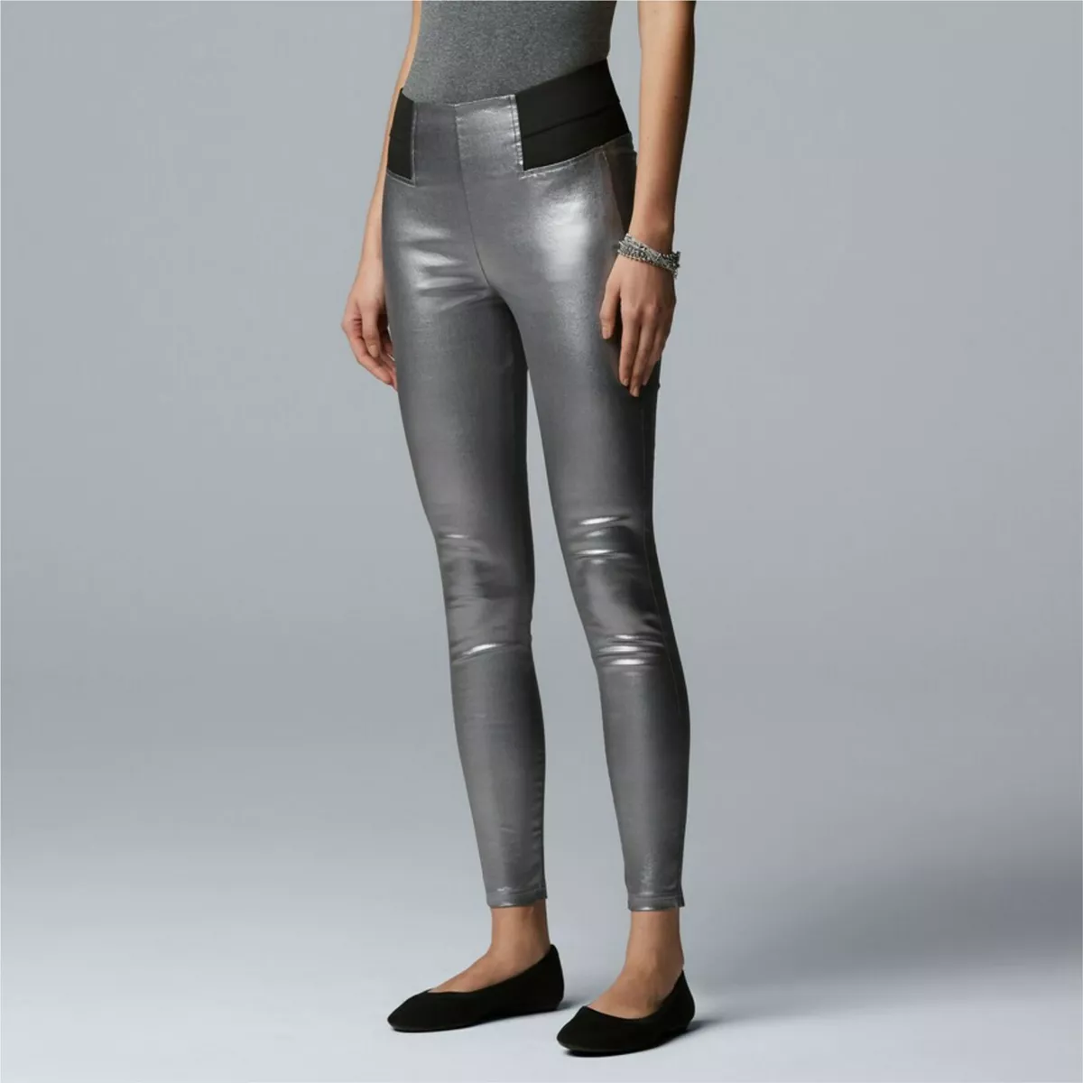 Med Simply Vera Vera Wang Gunmetal Shiny Coated Denim High Waist Leggings  NIP$42