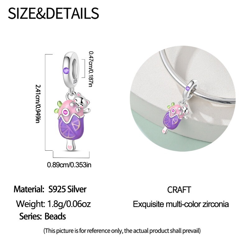 KUNSIR 925 Sterling Silver Charm Cute Cat Popsicle Pendant For European Bracelet