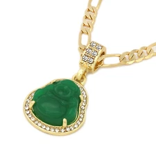 14k Gold Plated Green Jade Buddha Pendant Iced Cubic Zirconia 24" Figaro Chain