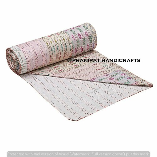 Indien Handmade Seda Patchwork Blanco Kantha Colcha Tamaño Queen Vintage Colcha - Imagen 4 de 5