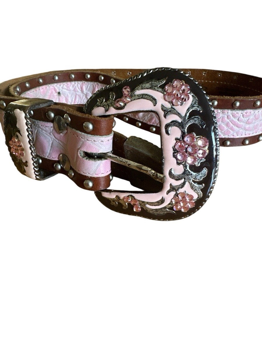 CACHE Brown & Pink Leather Studded Rhinestone Western Belt 
