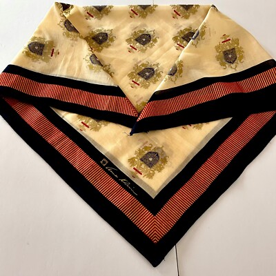Vintage Anne Klein 30  Square Cotton Scarf w/Gold, Blue & Red Emblems & Border