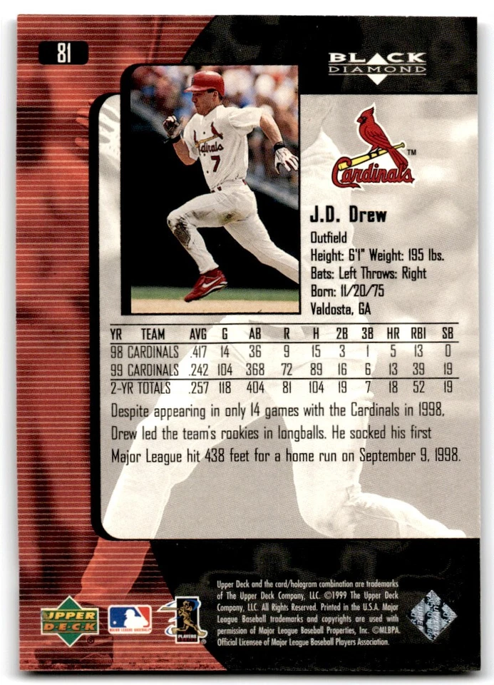 2000 Upper Deck Black Diamond J.D. Drew St. Louis Cardinals #81 - Image 2 of 2
