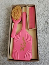 Vintage Childs, Pink Floral Vanity Set- Comb, Brush  Mirror Original Box Z-1