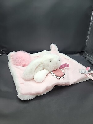 Doudou Pink Bunny Plush Fluffy Tail Security Blanket Happy Doudou Lovey