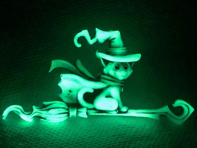 Neil Eyre Designs Halloween glow in dark cat witch hat flying broom 3D ornament 
