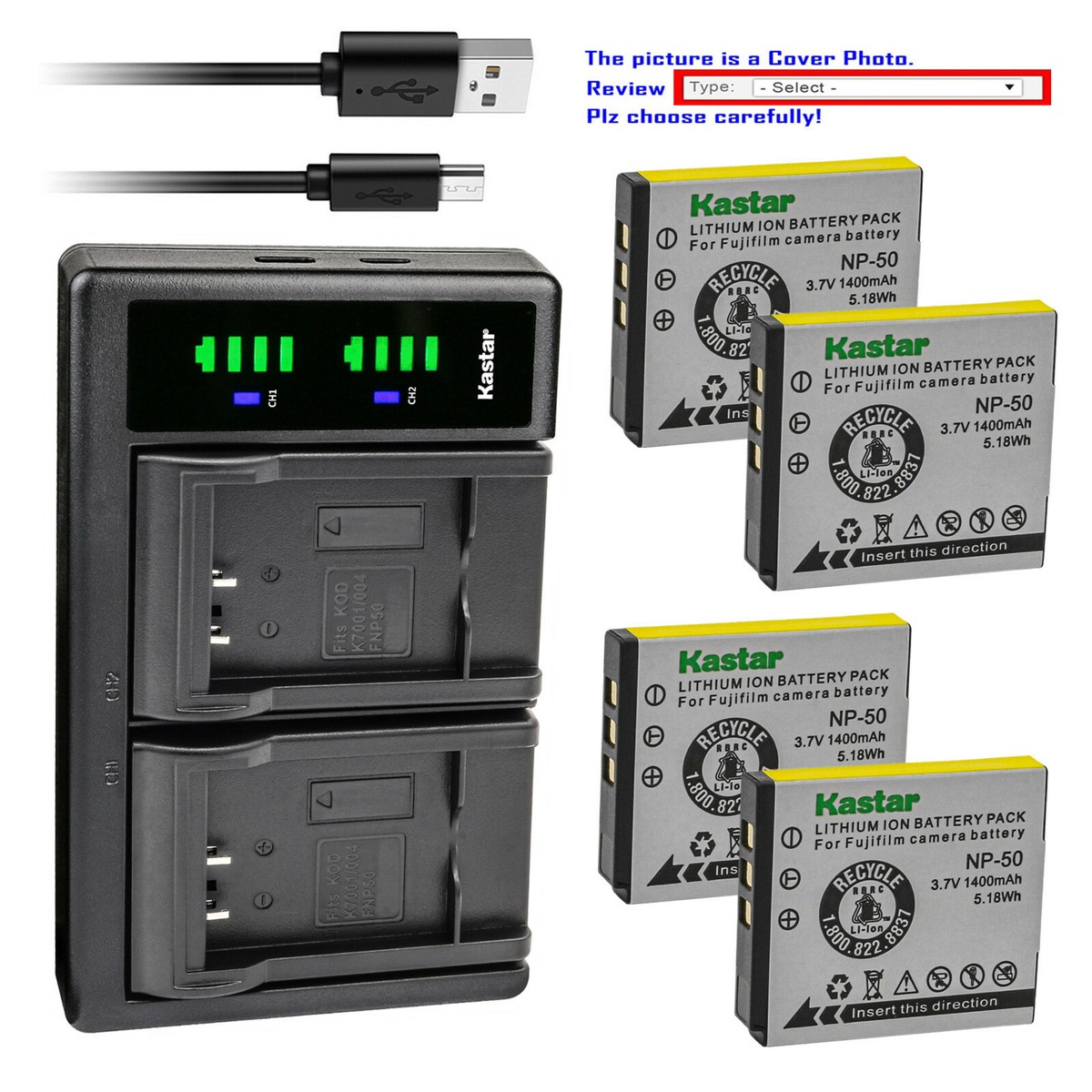 Kastar NP-50 Battery LTD2 USB Charger for Pentax Optio A36 A40 S10