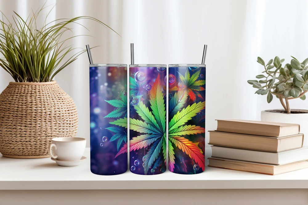 Tumbler Skinny 20oz  w/ Lid & Straw  Weed Leaf Cannabis Marijuana 420