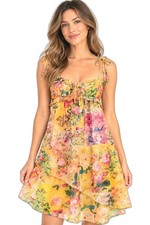 Women's Yellow Floral Chiffon Square Neck Tie Strap Ruffle Lined Sundress S
