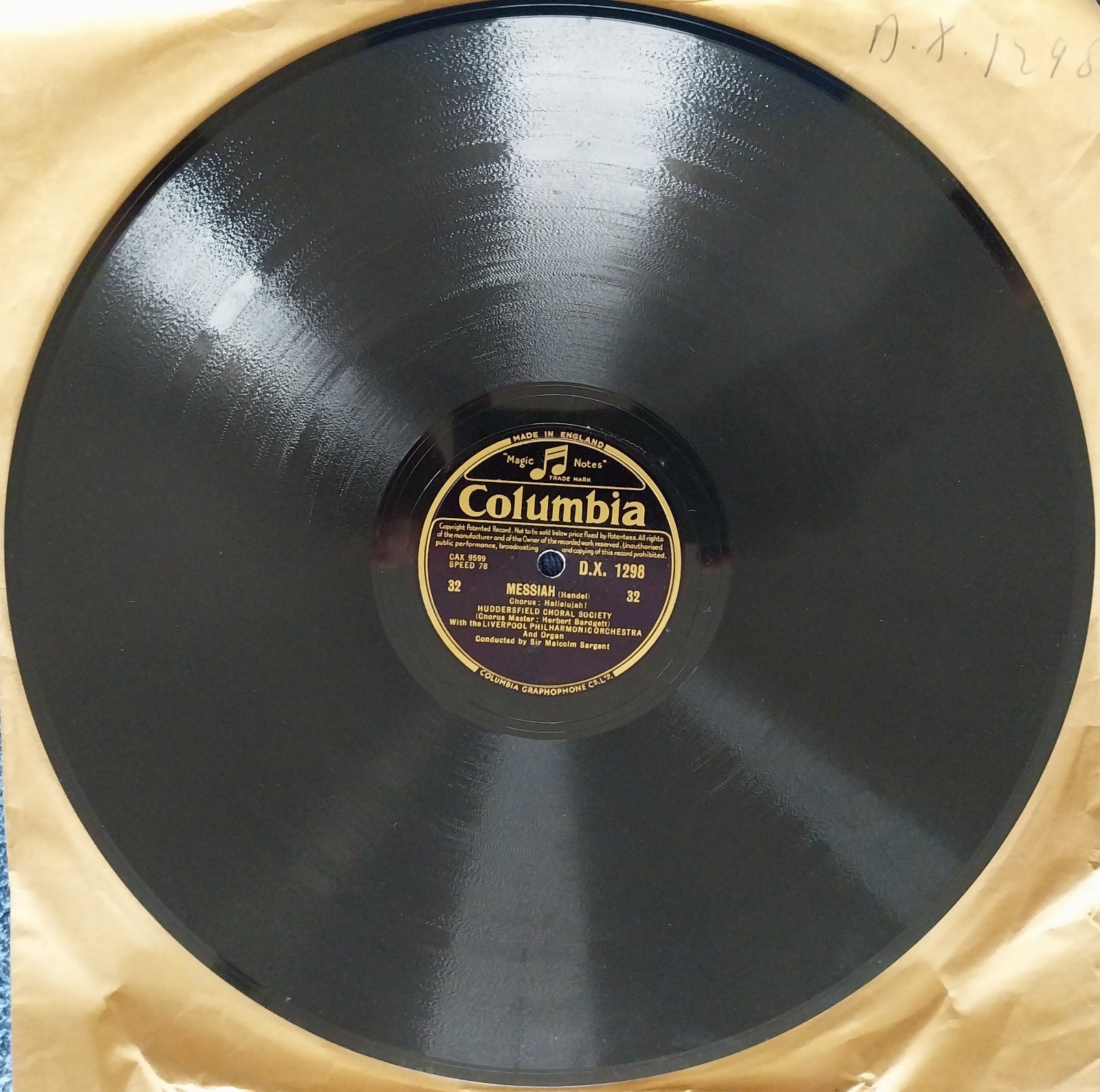 Liverpool Philharmonic: Messiah Handel 12" Shellac 78 Excellent Condition