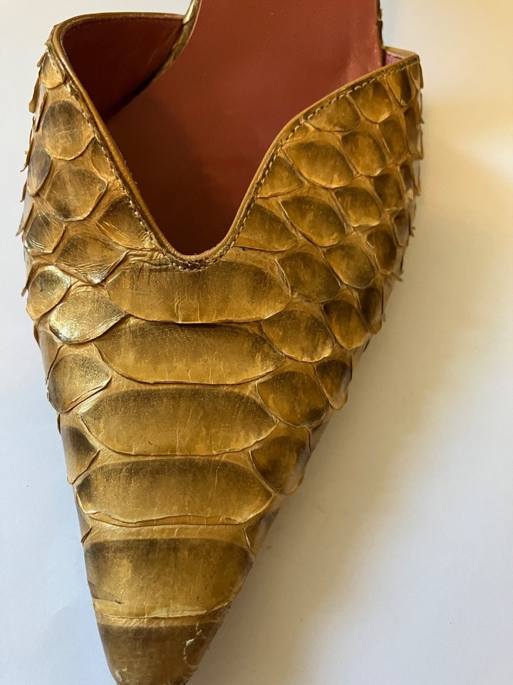 Sergio Rossi Python Snakeskin Mules Gold Pointed Toe Heels Size 35.5 US ...