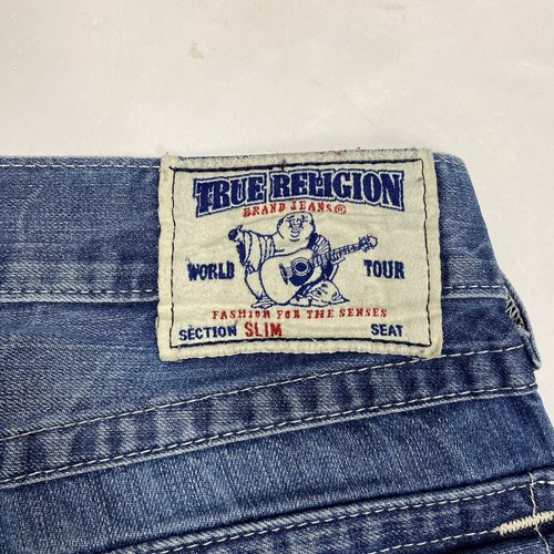 Pantalones de mezclilla ajustados True Religion para hombre 32x32 azul hechos en EE. UU. bolsillo con solapa - Imagen 4 de 13