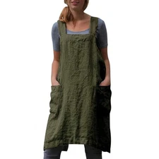 Cotton Linen Apron Cross Back Apron for Women with Pockets Pinafore Dress for Ba