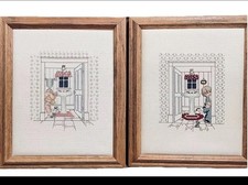 Vintage Cross-stitching Needle Point Framed Hang Wall Art Handmade Pair 11x9