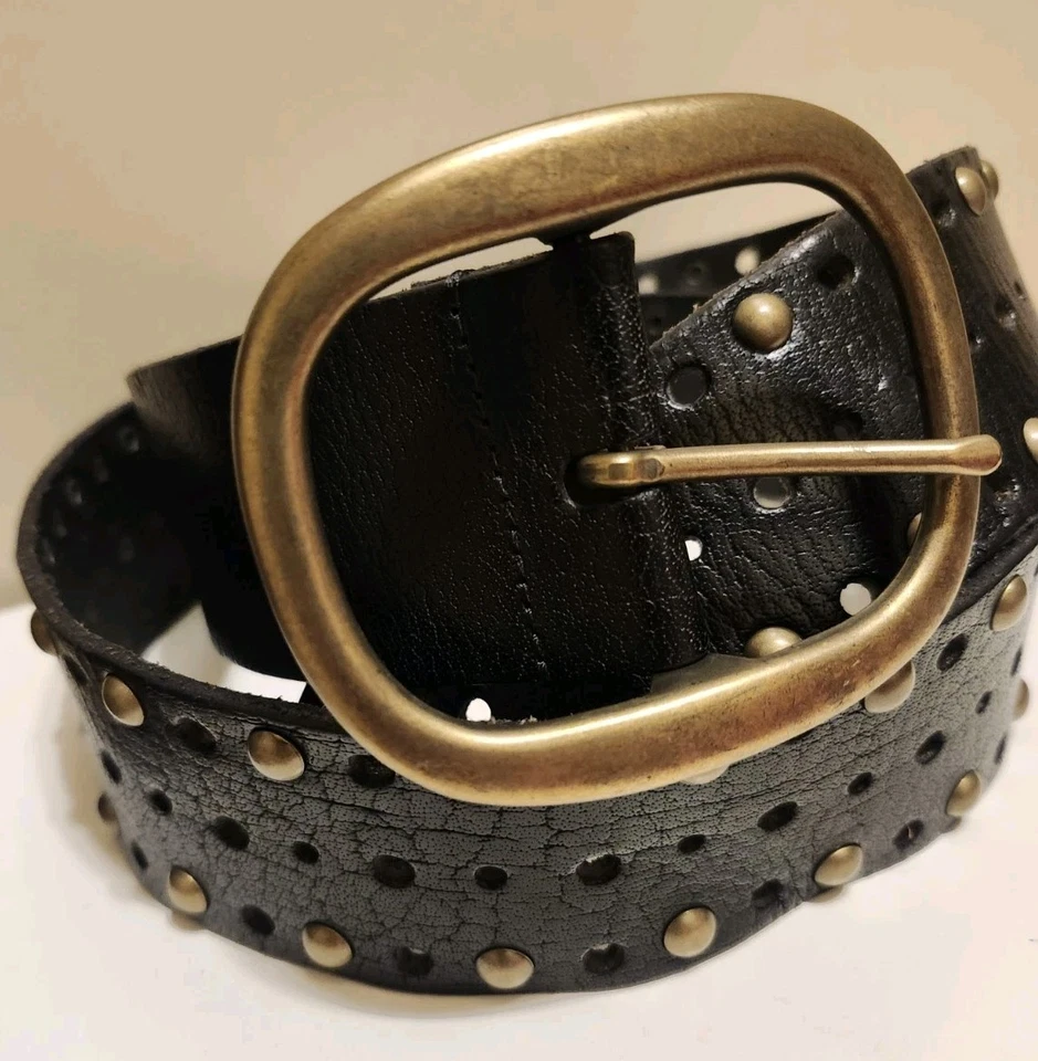 New Linea Pelle Black Leather Bronze Studded Wide Belt Womens Sz.L Ret. $165 - Image 3 of 4