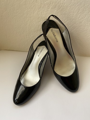 Liz Claiborne Black Patent Leather Slingback Heels Pumps Round Toe 7M PREOWNED