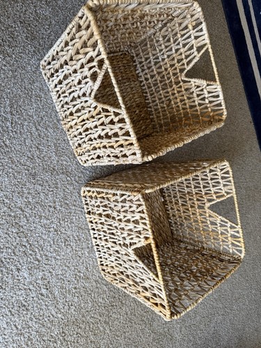 IKEA Set of 2 Wicker Square Woven Storage Baskets With Handles 12x12x12 in Beige