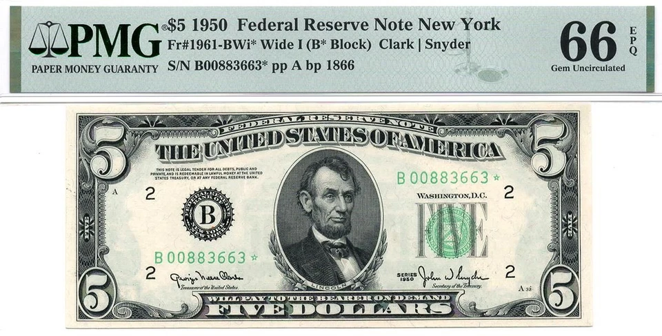 1950* $5 New York STAR Federal Reserve Note FRN • 1961-B* Rare • PMG 66 EPQ - Image 2 of 3