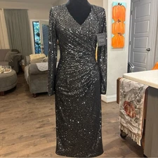 Mac Duggal Silver Sequin Long Sleeve Dress
