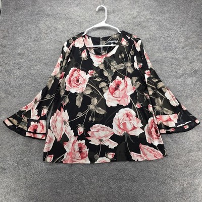 Karl Lagerfeld Paris Blouse Tunic Womens XL Black Floral Bell Sleeve Ruffle