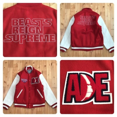 BAPE Sleeve Leather Varsity Jacket BEASTS REIGN SUPREME NIGO Red Size XL