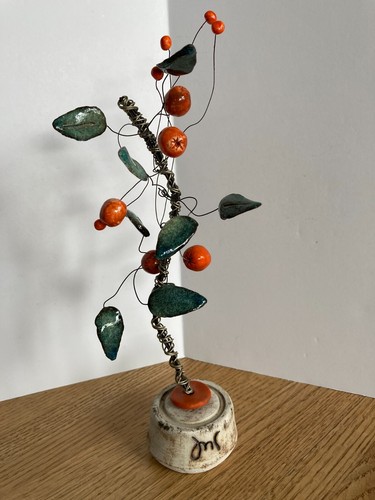 Twisted Wire Art Orange Fruit Tree Sculpture Signed Handmade 9.75" Tall - Picture 2 of 17