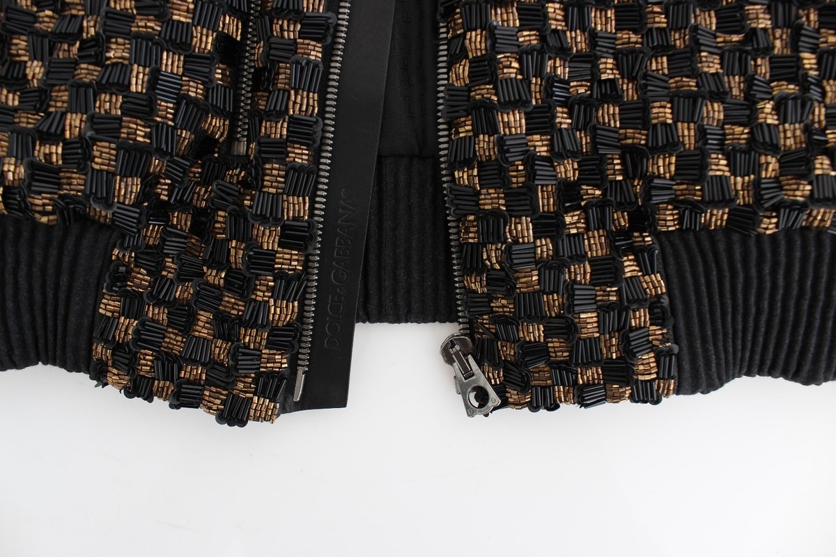 DOLCE & GABBANA Jacket Black Sequined Goatskin Coat EU48