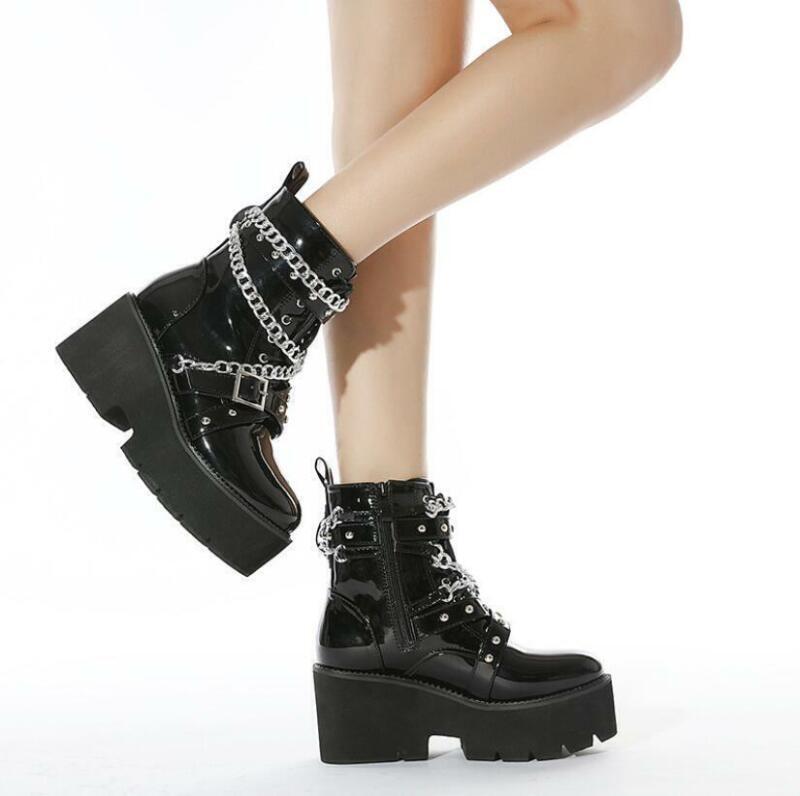 Women Girls Chain Block Heel Faux Leather Platform Ankle Boots