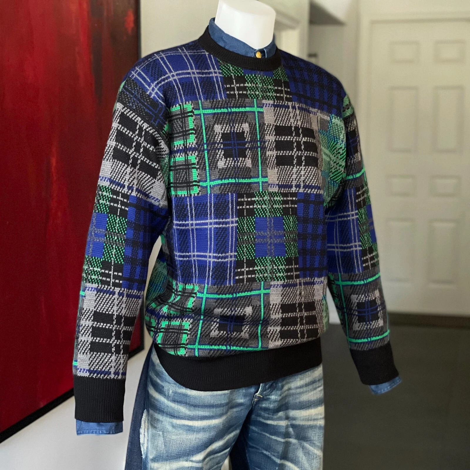 Maglione lana GIANNI VERSACE assortito fantasia tartan scozzesi taglia 52 dal 1987