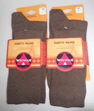 2 Pair Wigwam Diabetic Walker Brown M Socks -Men Size 5-9.5; Women 6-10 -Made US