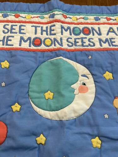 Vintage Sue Dreamer I See The Moon God Bless Me Baby Crib Blanket Quilt - Picture 4 of 8