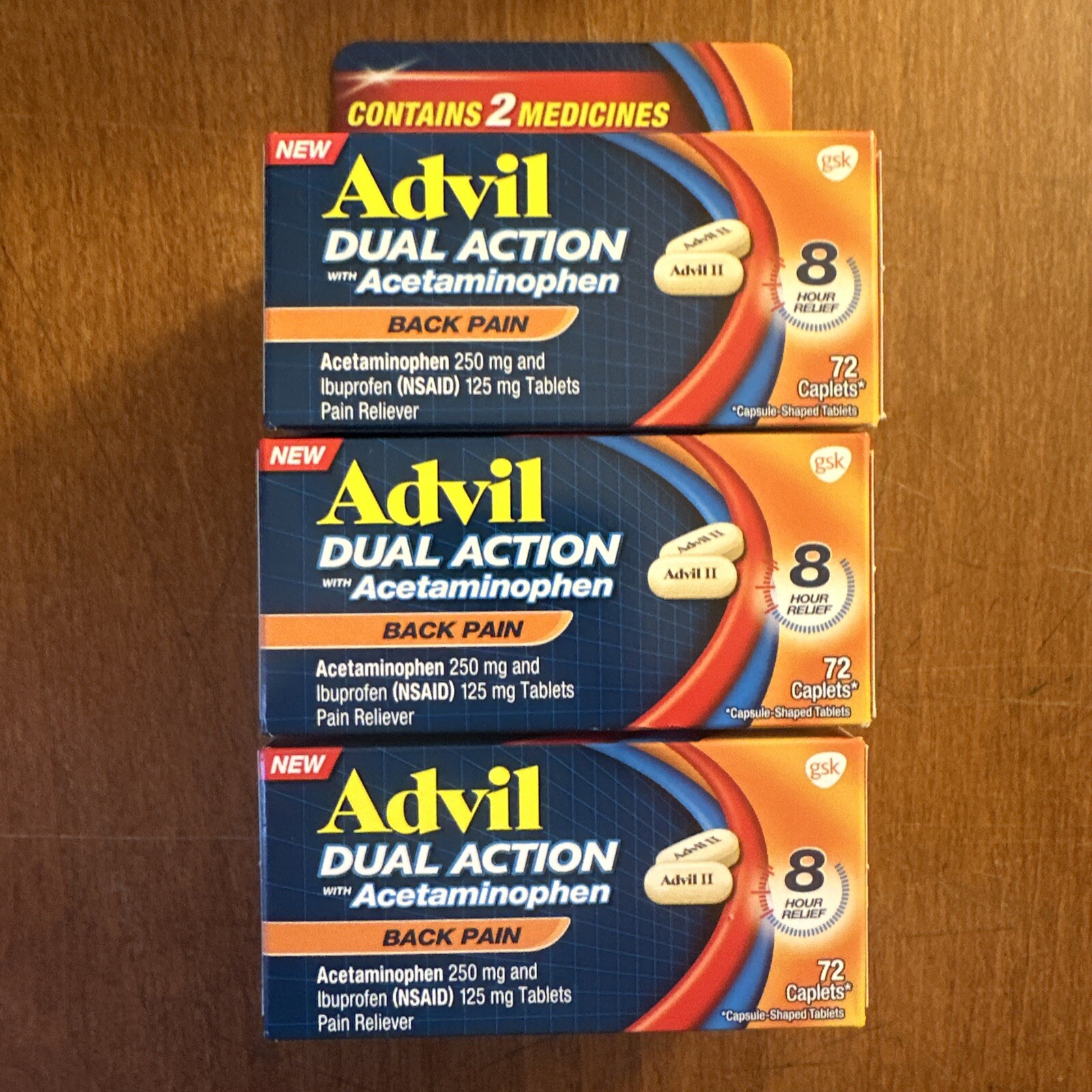 Lot Of 3 Advil Dual Action Acetaminophen Back Pain 72 Caplets exp 08/