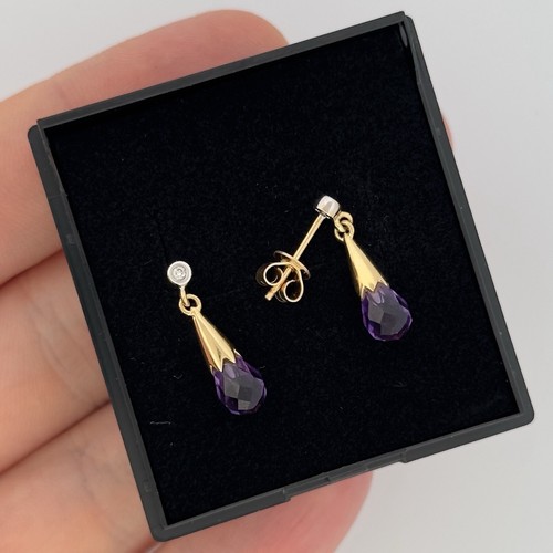 Vintage 18ct Yellow Gold Amethyst & Diamond Drop Dangle Earrings - Picture 4 of 5