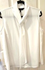 NWT $195 Ming Wang Crepe Tie Neck Sleeveless Blouse sz L  Ivory Shirt top