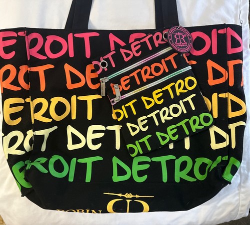 Large Tote Bag Detroit Color Print Black Pink, NWOT