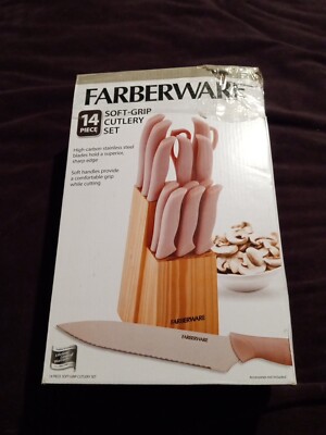 FARBERWARE 14 PC SOFT GRIP CUTLERY SET W/BLOCK ''PRETTY IN PINK'' BNIB! 